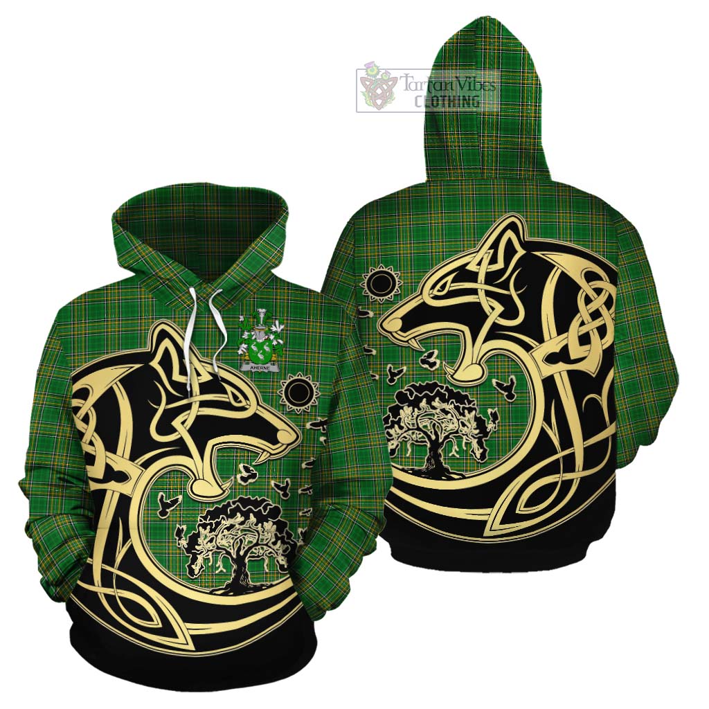 Tartan Vibes Clothing Aherne Irish Tartan Cotton Hoodie with Coat of Arms Celtic Wolf Style