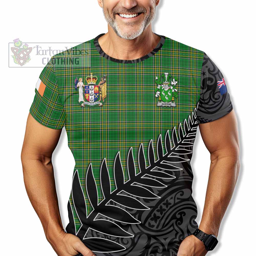 Tartan Vibes Clothing Aherne Irish Clan Tartan T-Shirt with Coat of Arms New Zealand Silver Fern Half Style