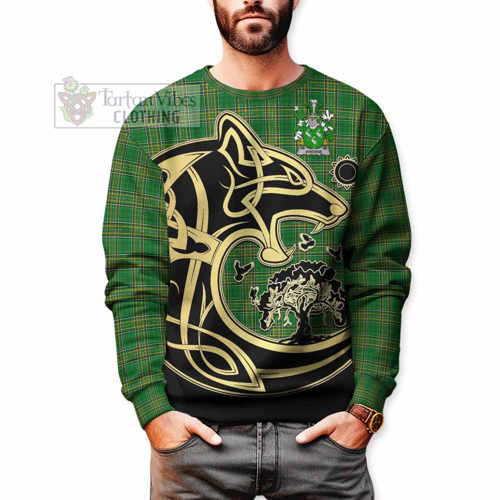 Tartan Vibes Clothing Aherne Irish Tartan Sweatshirt with Coat of Arms Celtic Wolf Style