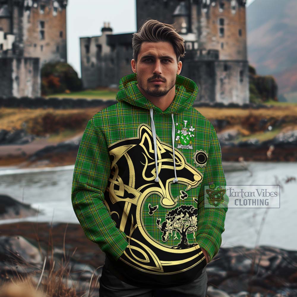 Tartan Vibes Clothing Aherne Irish Tartan Cotton Hoodie with Coat of Arms Celtic Wolf Style