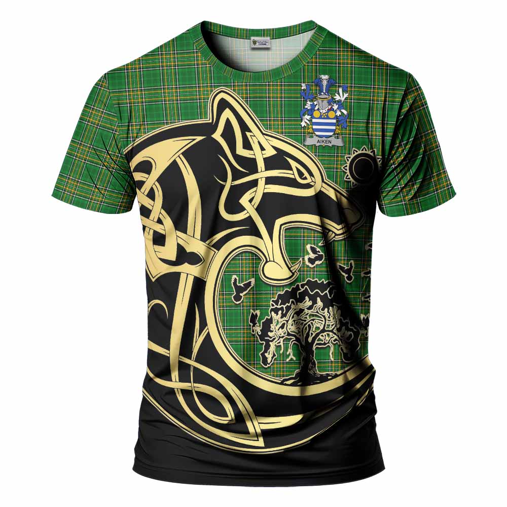 Tartan Vibes Clothing Aiken Irish Tartan T-Shirt with Coat of Arms Celtic Wolf Style