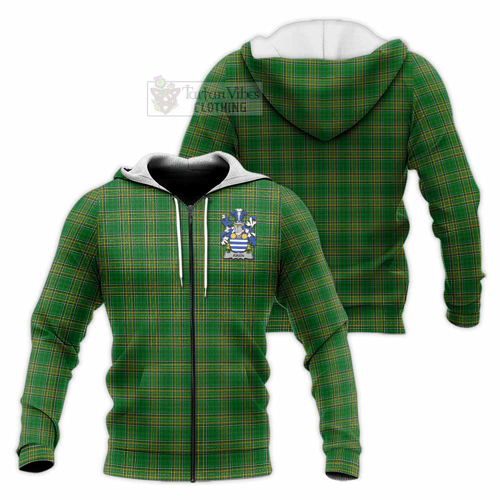 Tartan Vibes Clothing Aiken Irish Clan Tartan Knitted Hoodie with Coat of Arms