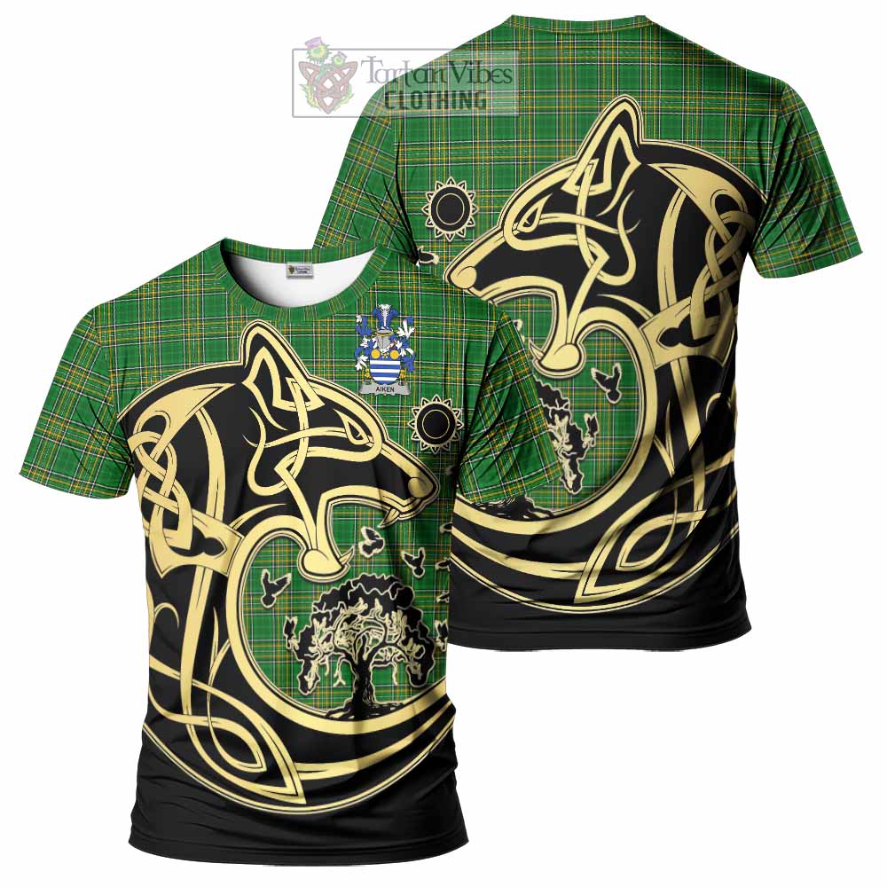 Tartan Vibes Clothing Aiken Irish Tartan T-Shirt with Coat of Arms Celtic Wolf Style