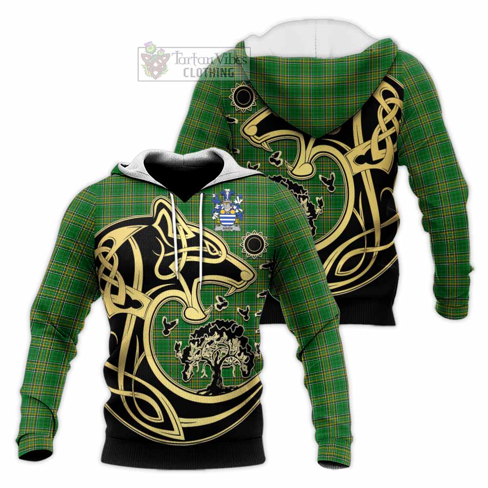 Tartan Vibes Clothing Aiken Irish Tartan Knitted Hoodie with Coat of Arms Celtic Wolf Style