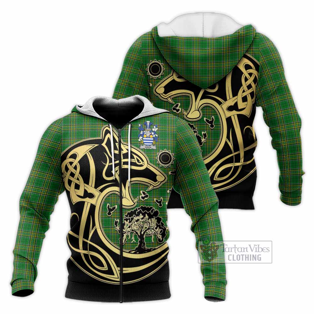 Tartan Vibes Clothing Aiken Irish Tartan Knitted Hoodie with Coat of Arms Celtic Wolf Style