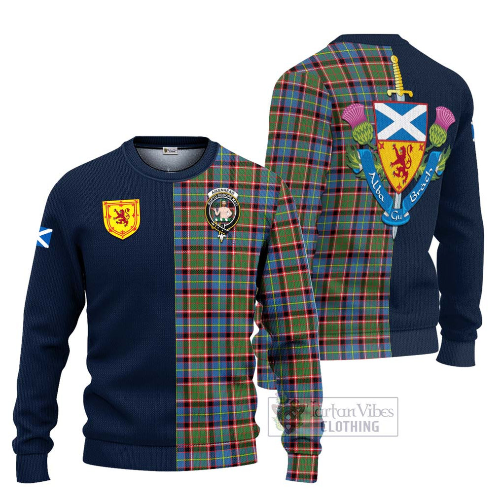 Tartan Vibes Clothing Aikenhead Tartan Knitted Sweater with Scottish Lion Royal Arm Half Style