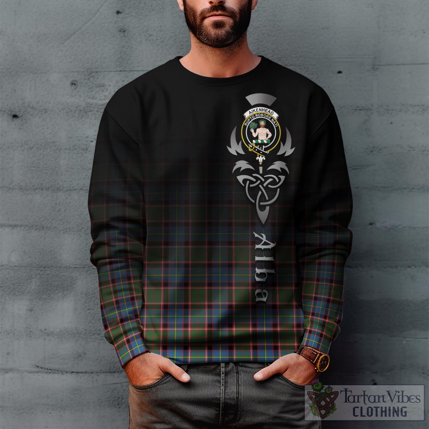 Tartan Vibes Clothing Aikenhead Tartan Sweatshirt Featuring Alba Gu Brath Family Crest Celtic Inspired