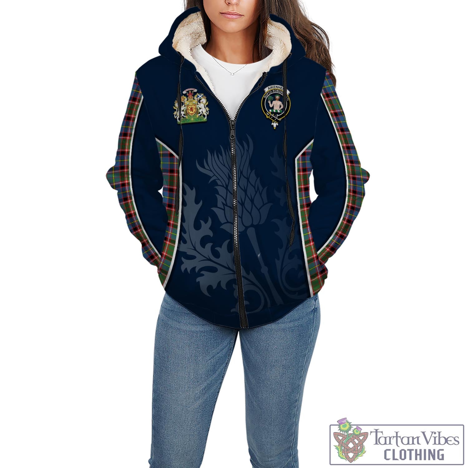 Tartan Vibes Clothing Aikenhead Tartan Sherpa Hoodie with Family Crest and Scottish Thistle Vibes Sport Style