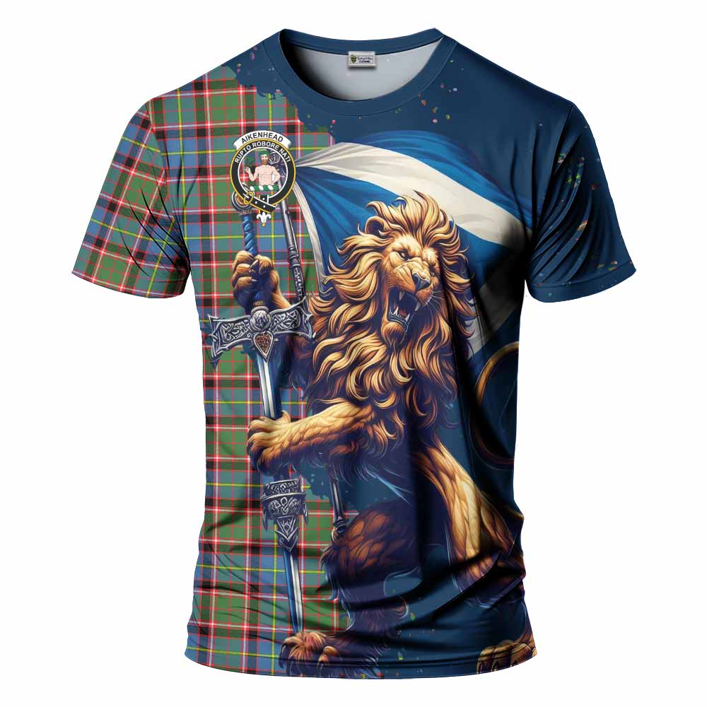 Tartan Vibes Clothing Aikenhead Tartan Family Crest T-Shirt with Scottish Majestic Lion