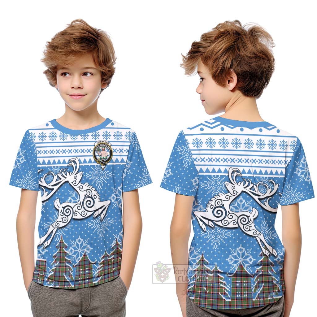 Tartan Vibes Clothing Aikenhead Clan Christmas Kid T-Shirt Celtic Reindeer Style