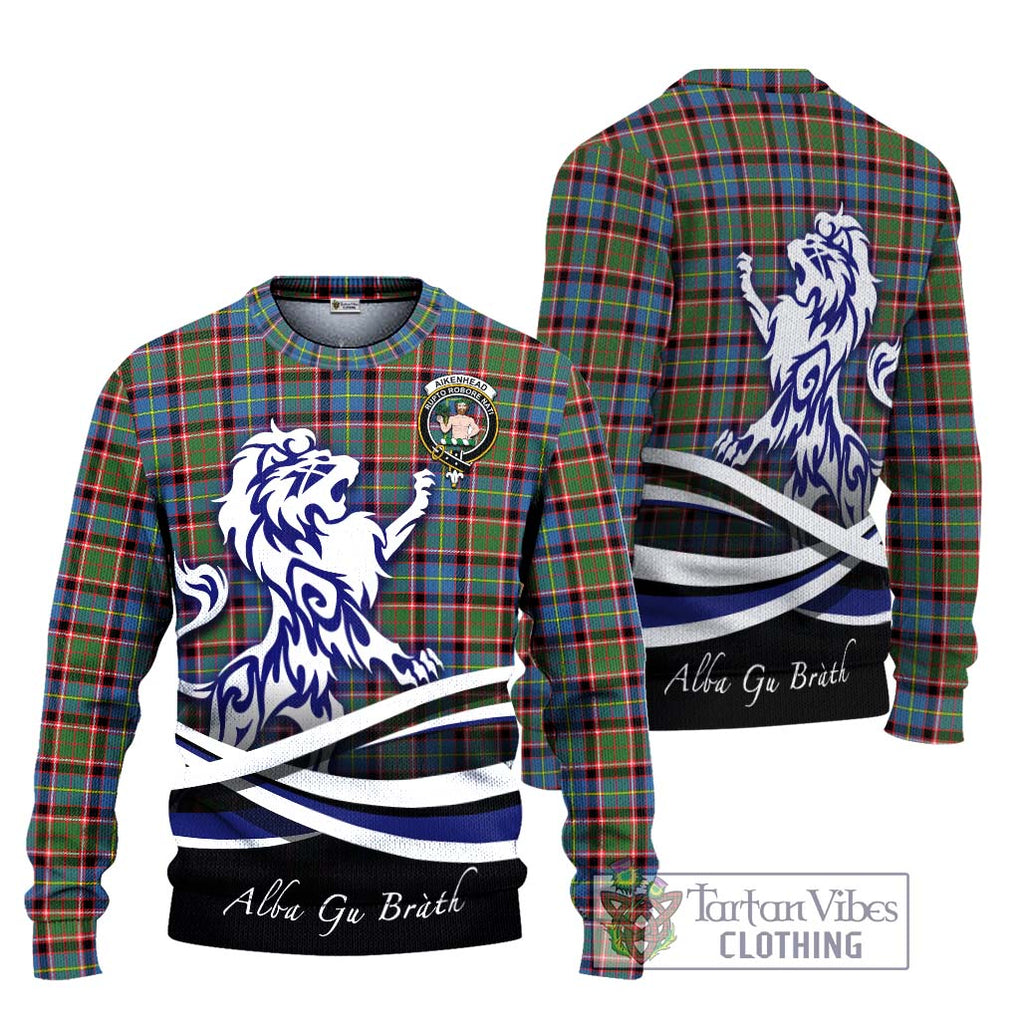 Aikenhead Tartan Knitted Sweater with Alba Gu Brath Regal Lion Emblem Unisex - Tartanvibesclothing Shop