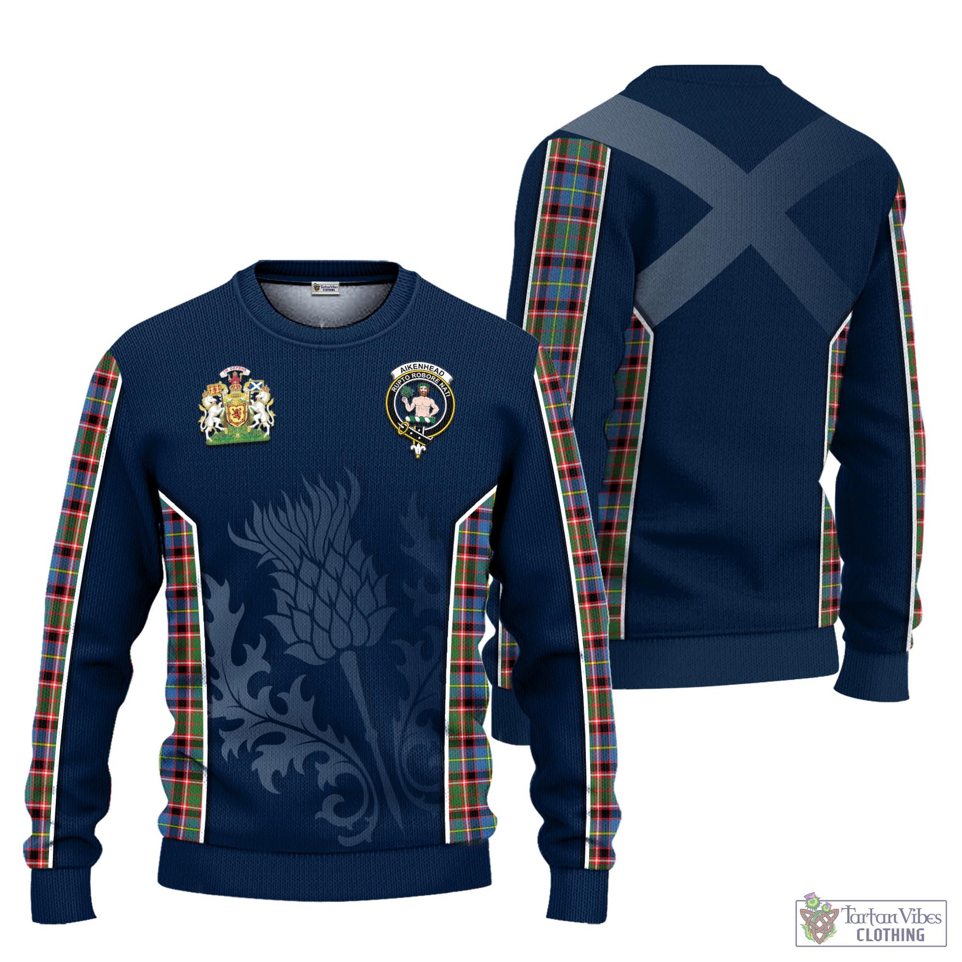 Tartan Vibes Clothing Aikenhead Tartan Knitted Sweatshirt with Family Crest and Scottish Thistle Vibes Sport Style