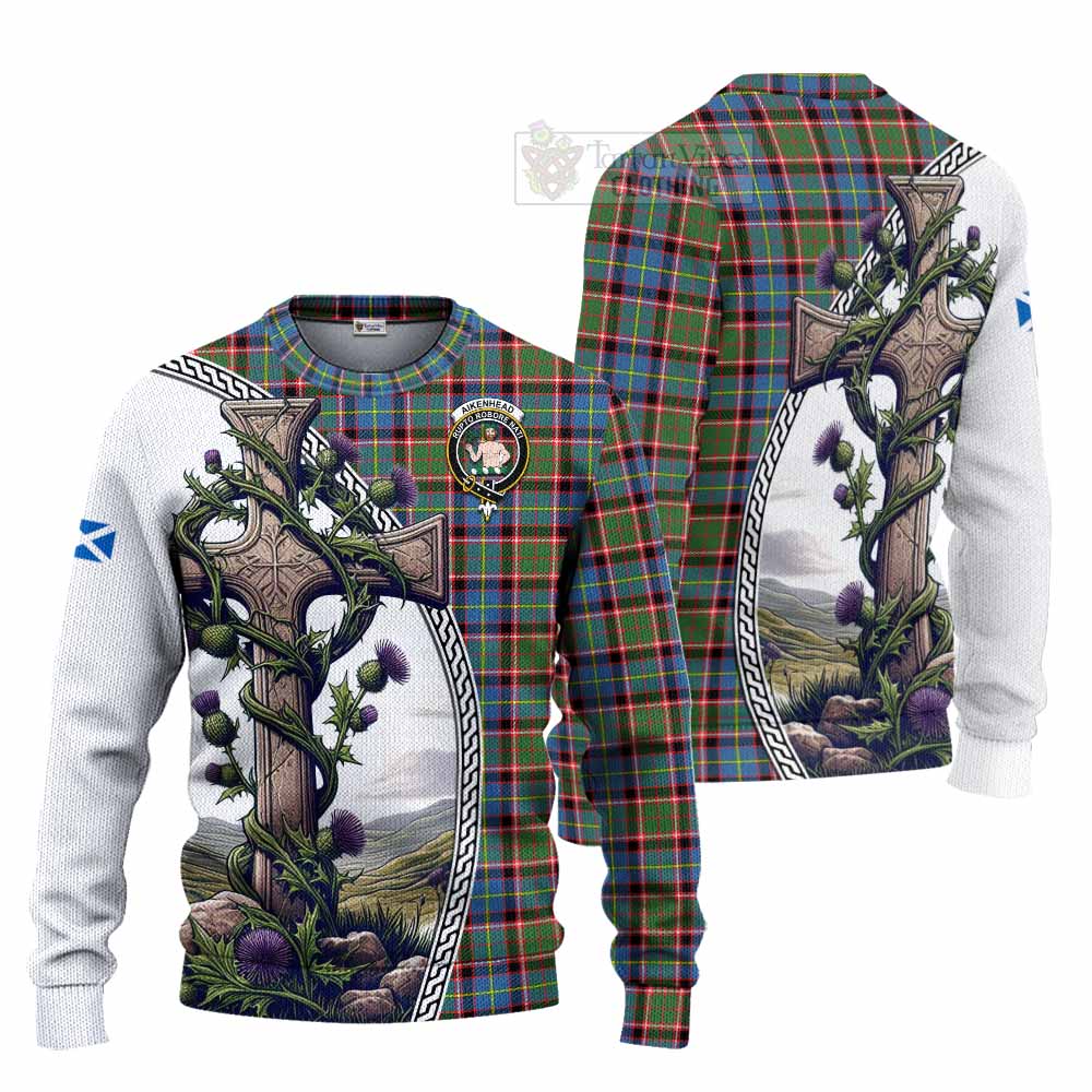 Tartan Vibes Clothing Aikenhead Tartan Knitted Sweater with Family Crest and St. Andrew's Cross Accented by Thistle Vines