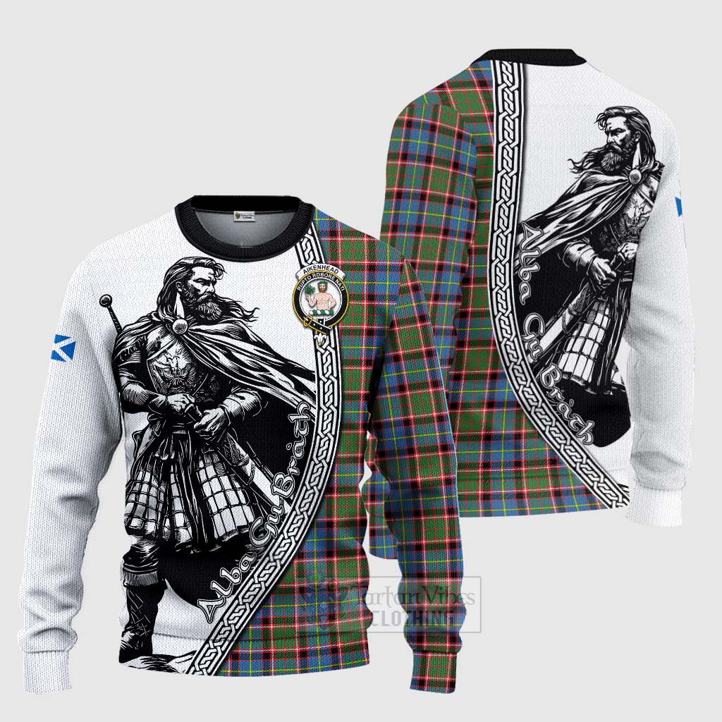 Tartan Vibes Clothing Aikenhead Tartan Clan Crest Knitted Sweater with Highlander Warrior Celtic Style