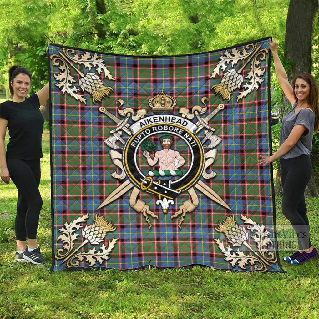 Tartan Vibes Clothing Aikenhead Tartan Quilt with Family Crest and Scottish Golden Courage Shield