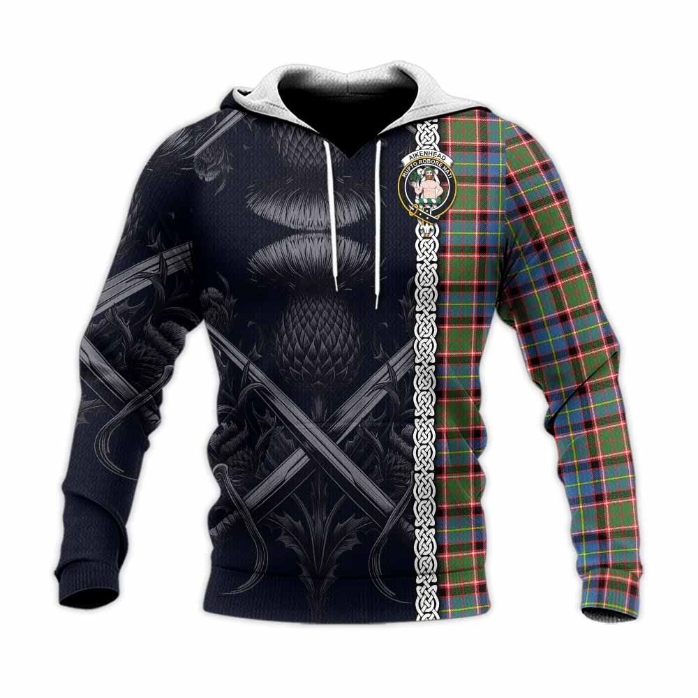 Aikenhead Tartan Knitted Hoodie with Family Crest Cross Sword Thistle Celtic Vibes Unisex Knitted Pullover Hoodie - Tartan Vibes Clothing