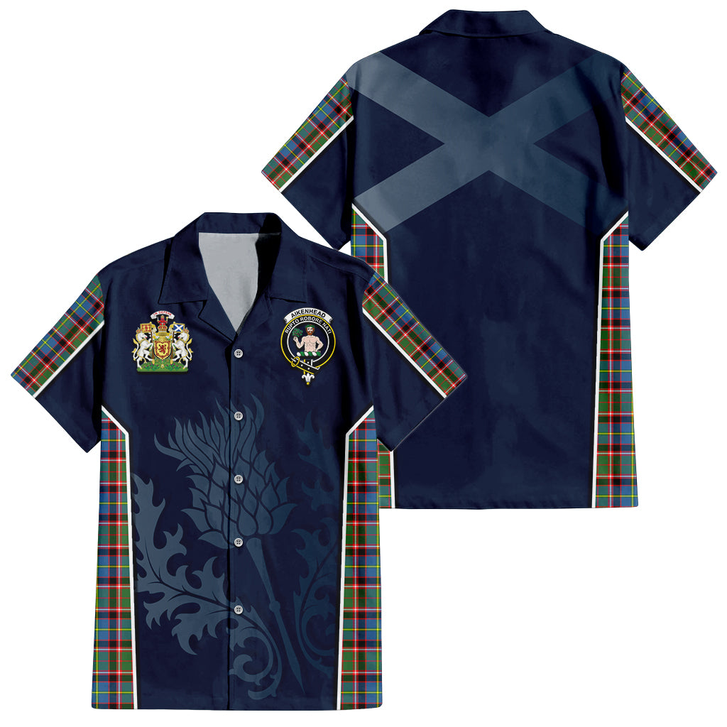 Tartan Vibes Clothing Aikenhead Tartan Short Sleeve Button Up Shirt with Family Crest and Scottish Thistle Vibes Sport Style