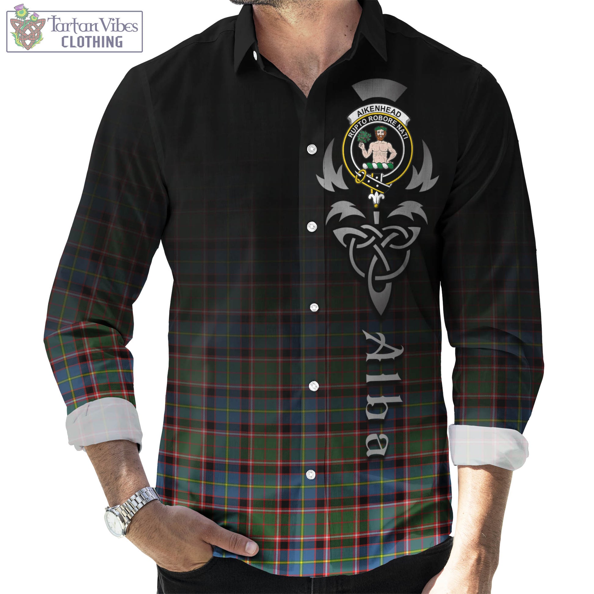 Tartan Vibes Clothing Aikenhead Tartan Long Sleeve Button Up Featuring Alba Gu Brath Family Crest Celtic Inspired