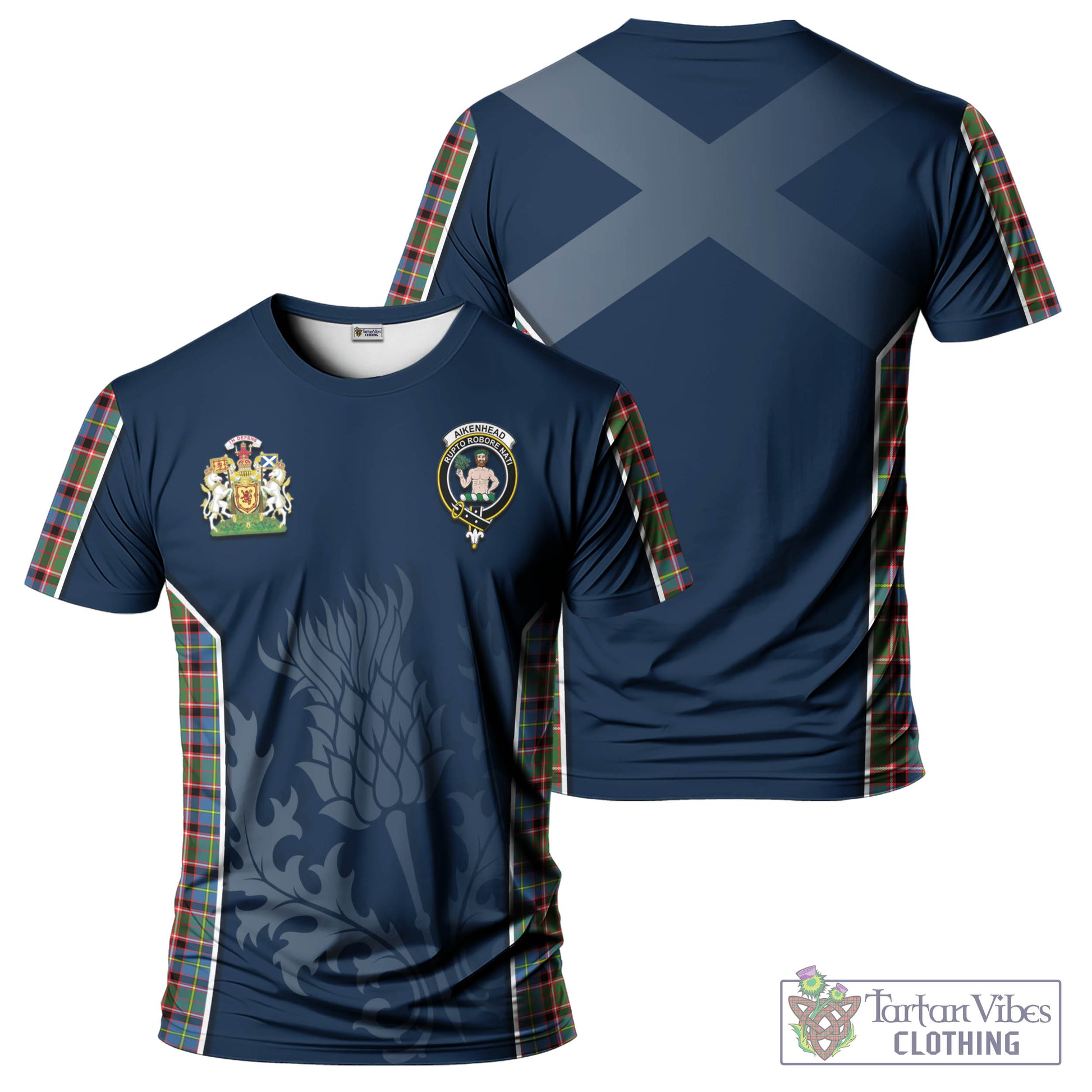 Tartan Vibes Clothing Aikenhead Tartan T-Shirt with Family Crest and Scottish Thistle Vibes Sport Style