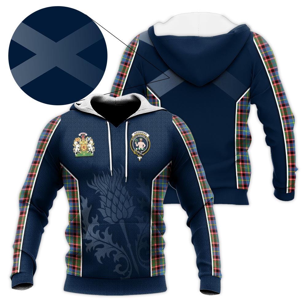 Tartan Vibes Clothing Aikenhead Tartan Knitted Hoodie with Family Crest and Scottish Thistle Vibes Sport Style