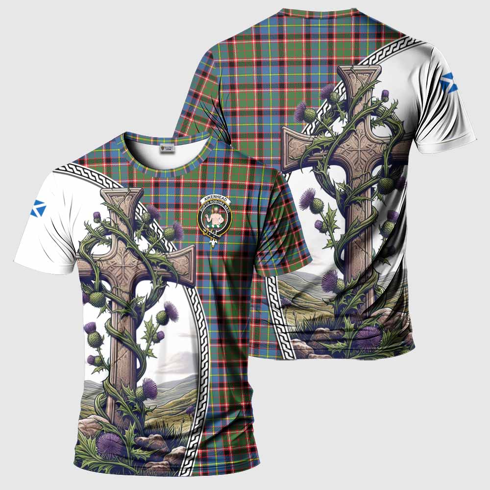 Tartan Vibes Clothing Aikenhead Agnew Tartan T-Shirt with Family Crest and St. Andrew's Cross Accented by Thistle Vines