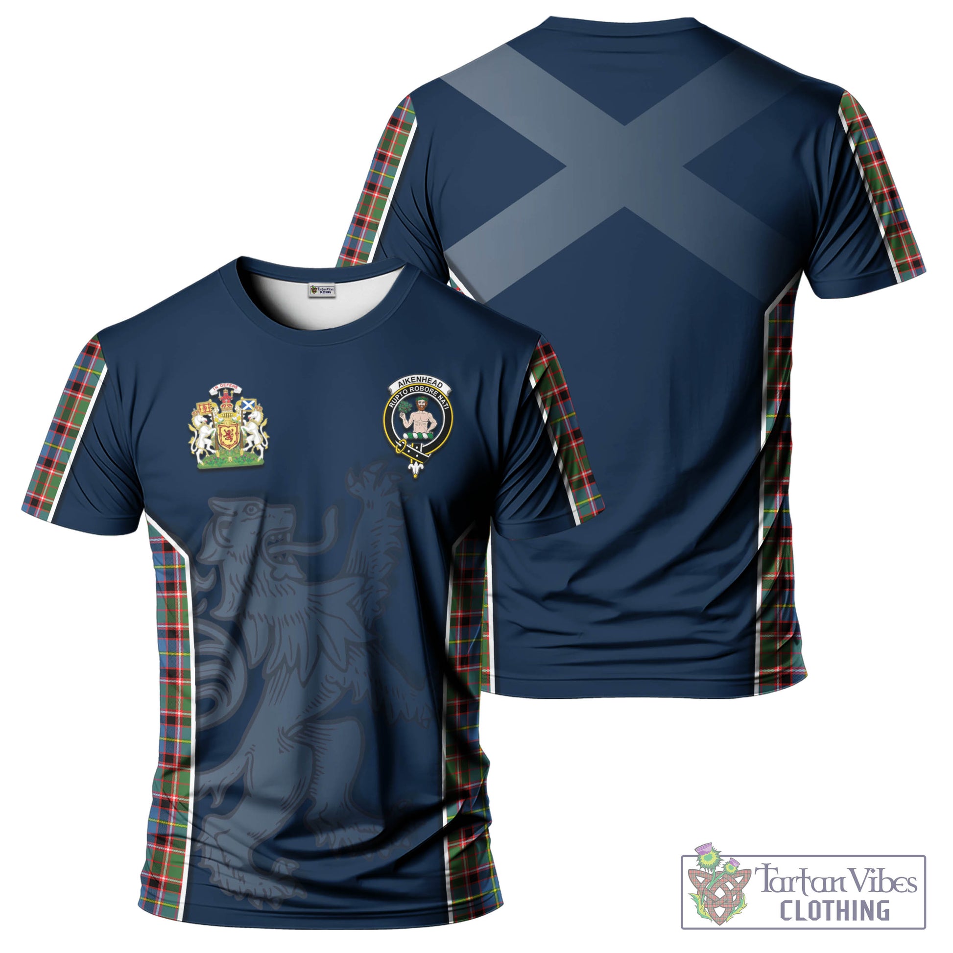 Tartan Vibes Clothing Aikenhead Tartan T-Shirt with Family Crest and Lion Rampant Vibes Sport Style