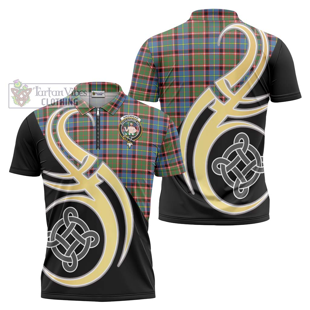 Tartan Vibes Clothing Aikenhead Tartan Zipper Polo Shirt with Family Crest and Celtic Symbol Style