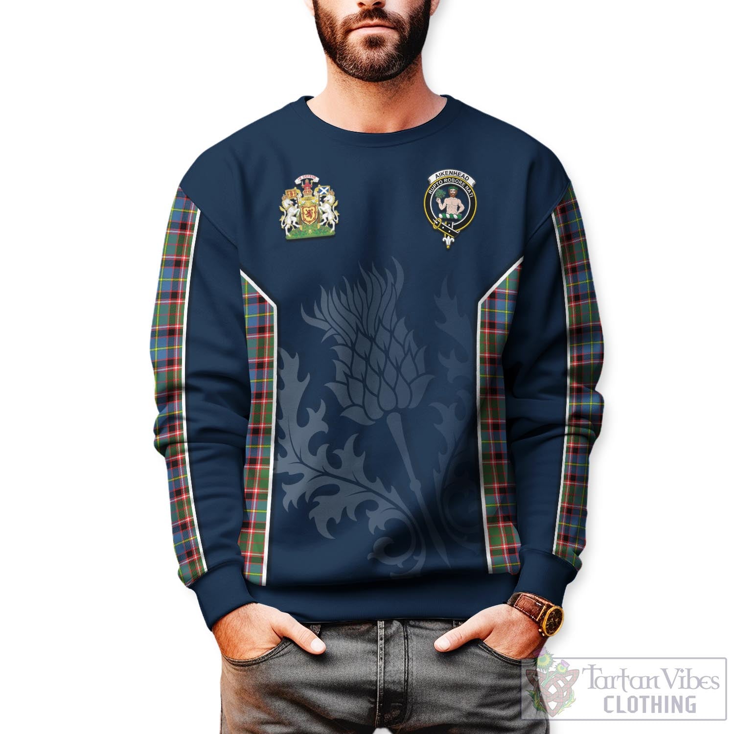 Tartan Vibes Clothing Aikenhead Tartan Sweatshirt with Family Crest and Scottish Thistle Vibes Sport Style