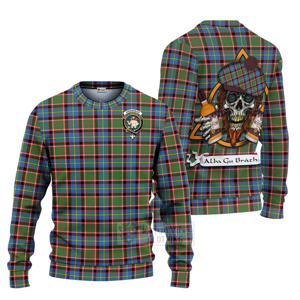 Tartan Vibes Clothing Aikenhead Tartan Knitted Sweater with Family Crest and Bearded Skull Holding Bottles of Whiskey