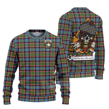 Aikenhead Tartan Ugly Sweater with Family Crest and Bearded Skull Holding Bottles of Whiskey