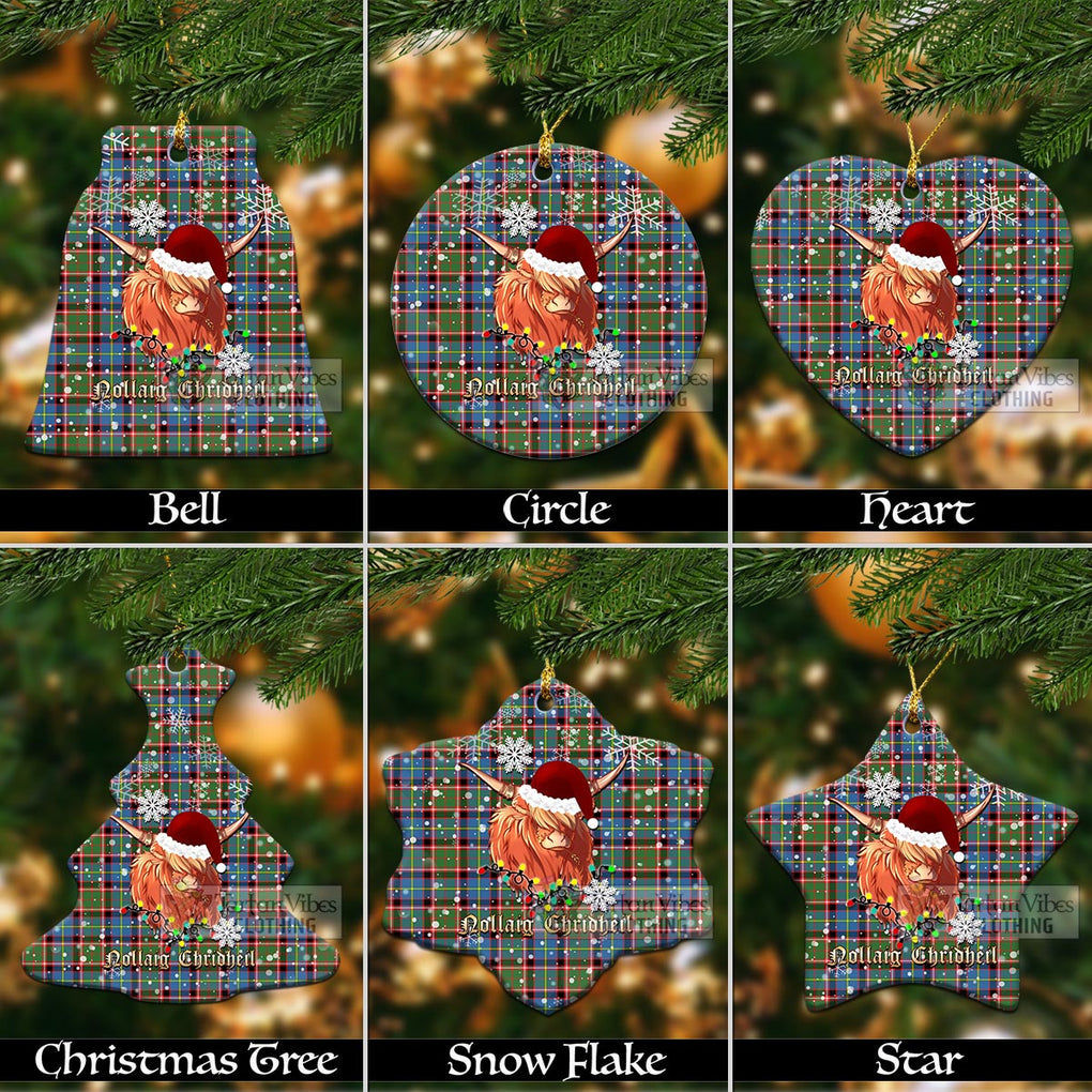 Tartan Vibes Clothing Aikenhead Clan Tartan Ornament with Christmas Twinkle Highland Cattle