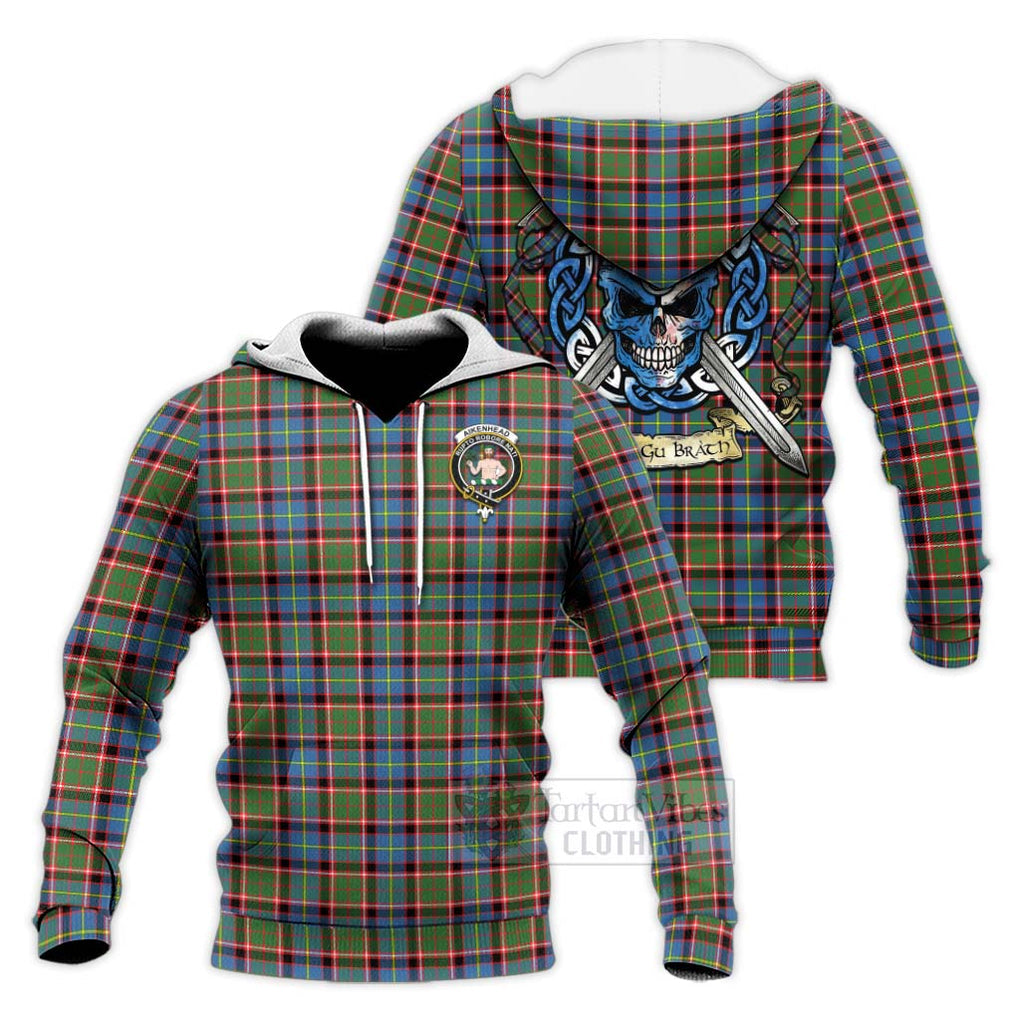 Tartan Vibes Clothing Aikenhead Tartan Knitted Hoodie with Family Crest Celtic Skull Style