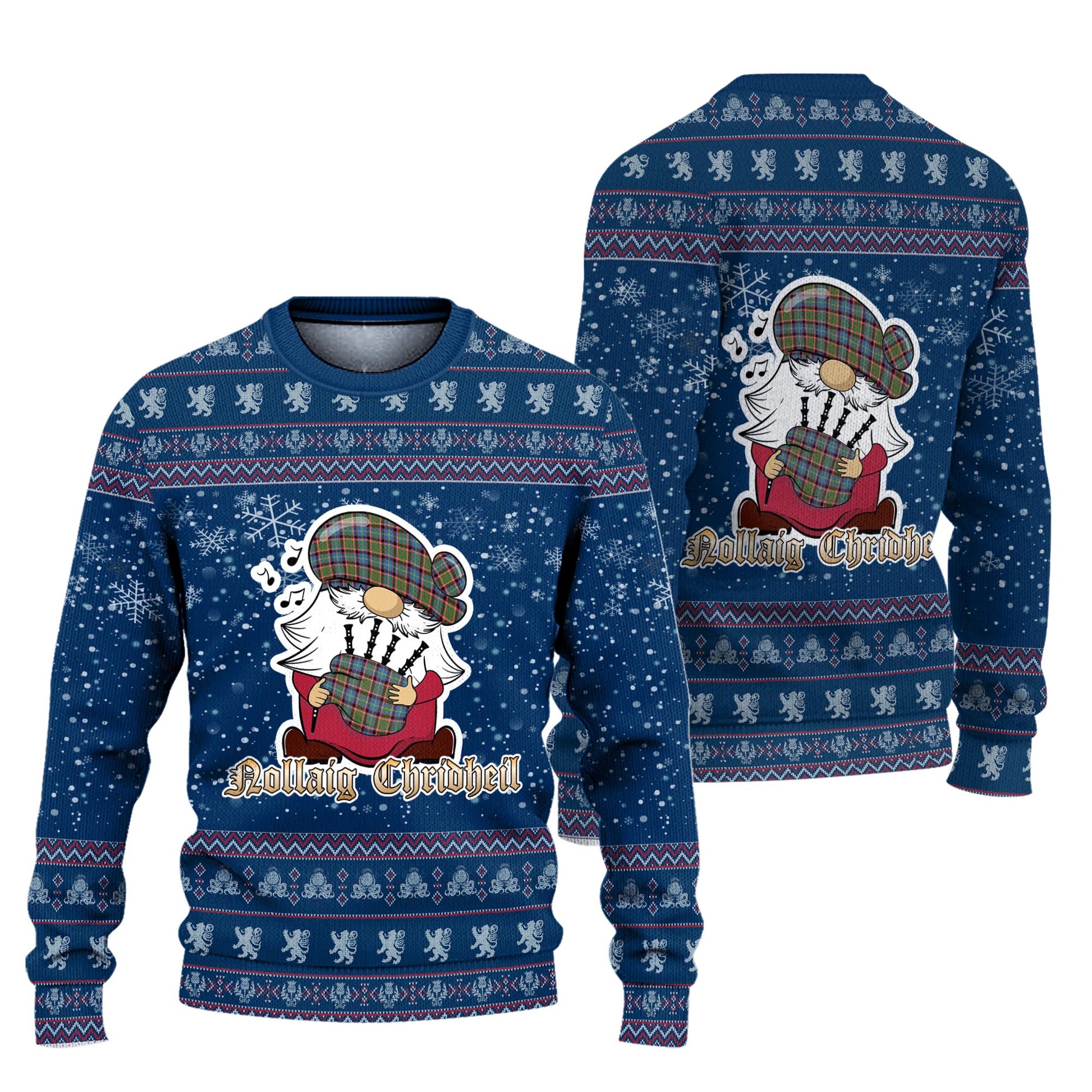 Aikenhead Clan Christmas Family Knitted Sweater with Funny Gnome Playing Bagpipes Unisex Blue - Tartanvibesclothing