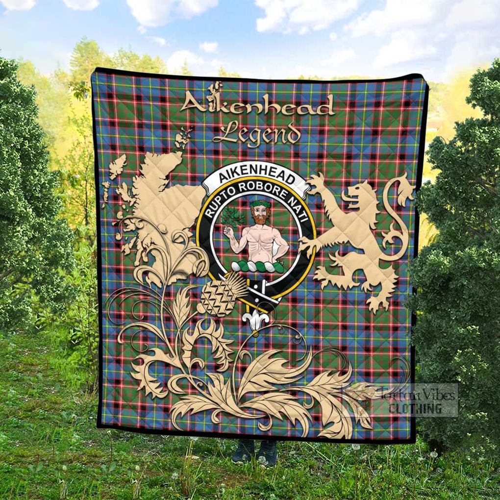 Tartan Vibes Clothing Aikenhead Tartan Quilt with Family Crest and Scottish Symbol Style