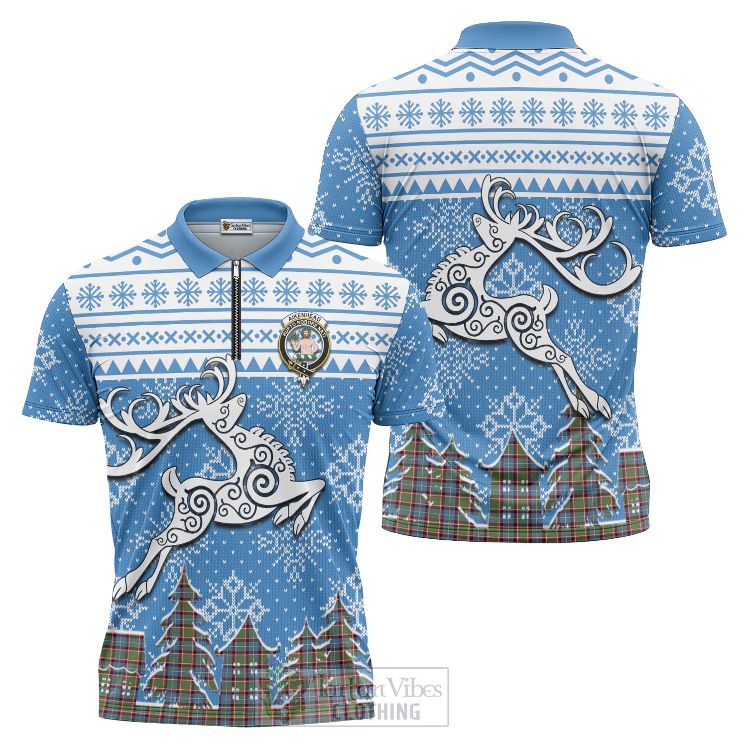 Tartan Vibes Clothing Aikenhead Clan Christmas Zipper Polo Shirt Celtic Reindeer Style