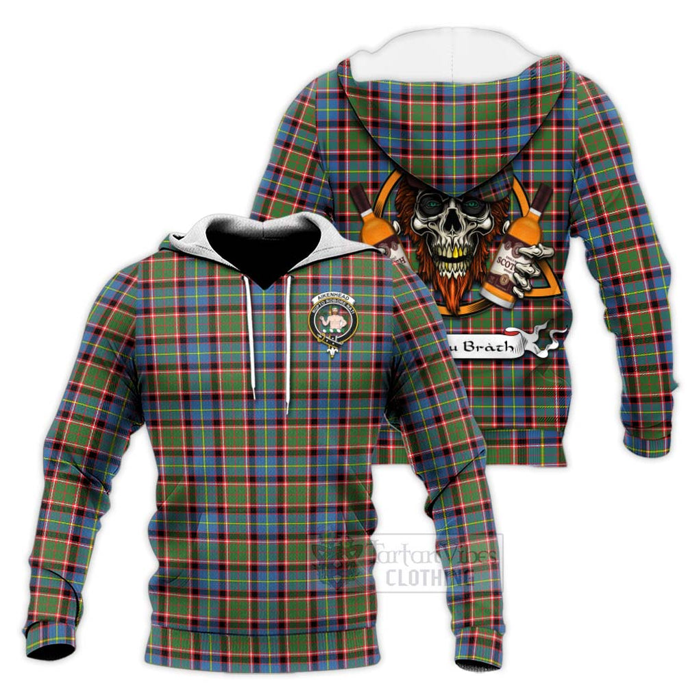 Tartan Vibes Clothing Aikenhead Tartan Knitted Hoodie with Family Crest and Bearded Skull Holding Bottles of Whiskey