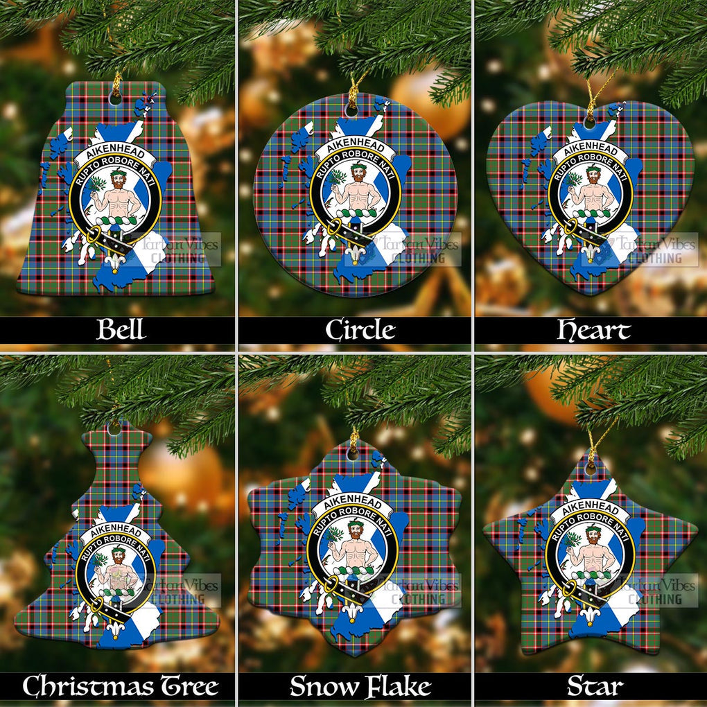 Tartan Vibes Clothing Aikenhead Tartan Christmas Ornament with Family Crest and Scotland Map