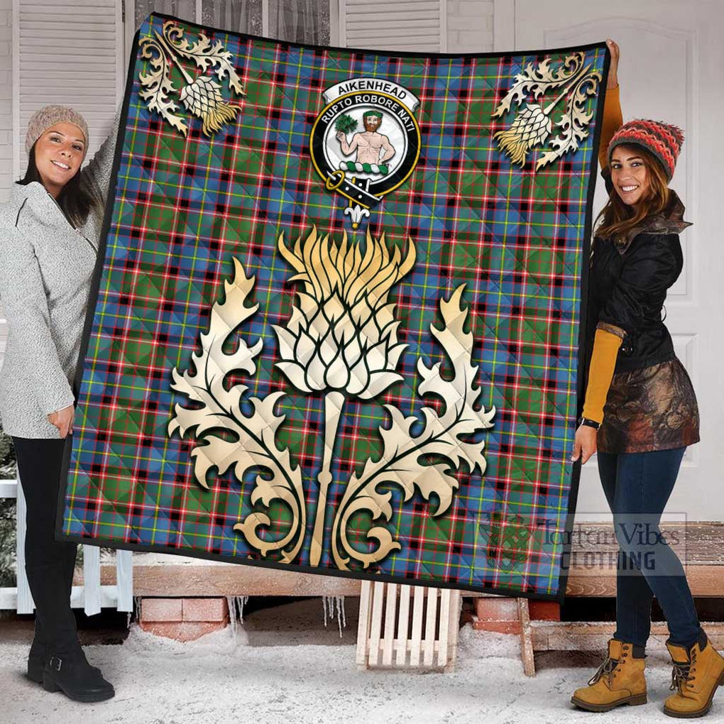 Tartan Vibes Clothing Aikenhead Tartan Quilt with Family Crest and Golden Thistle Style