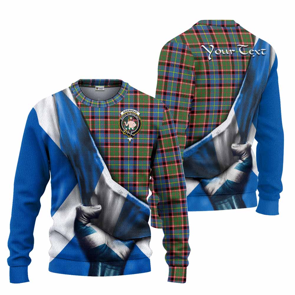 Tartan Vibes Clothing Aikenhead Tartan Knitted Sweater with Family Crest Scotland Patriotic Style