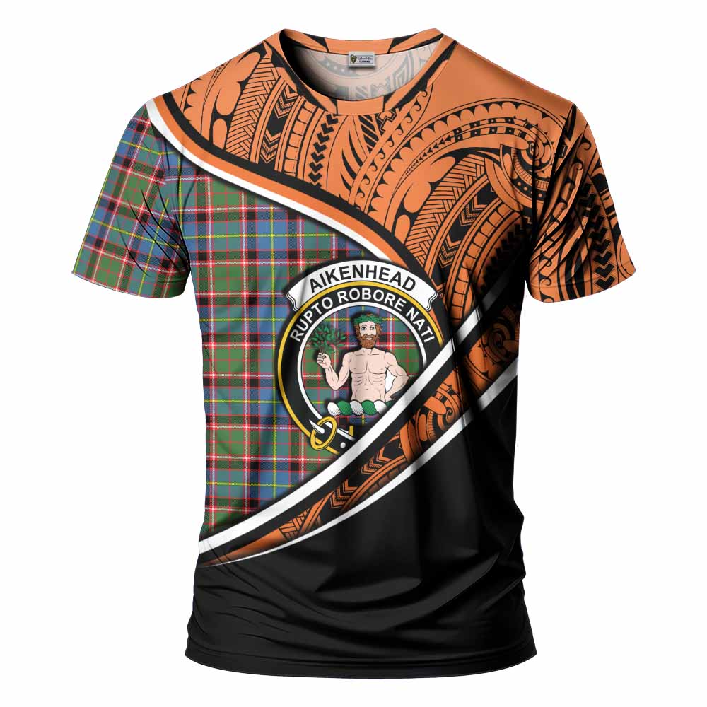 Tartan Vibes Clothing Aikenhead Crest Tartan T-Shirt with Maori Tattoo Style - Orange Version