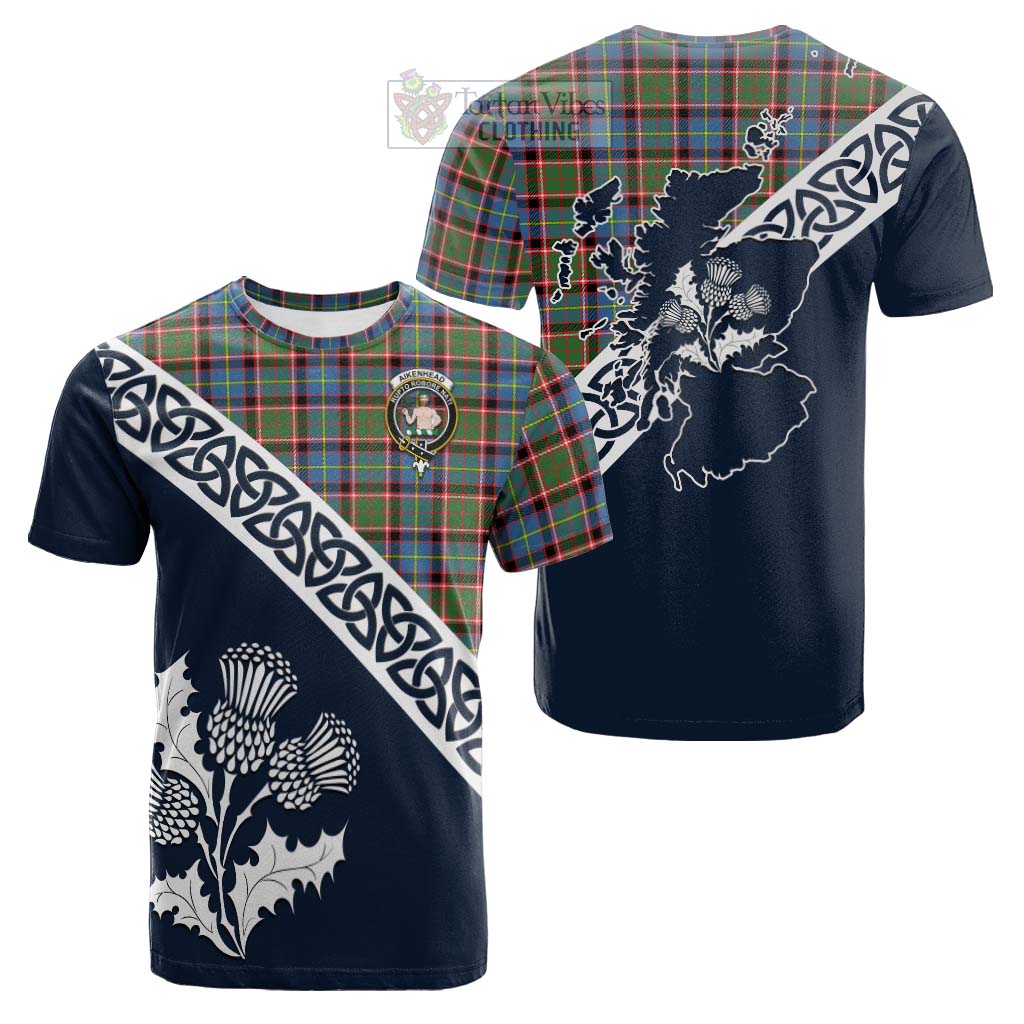 Tartan Vibes Clothing Aikenhead Tartan Cotton T-shirt Featuring Thistle and Scotland Map