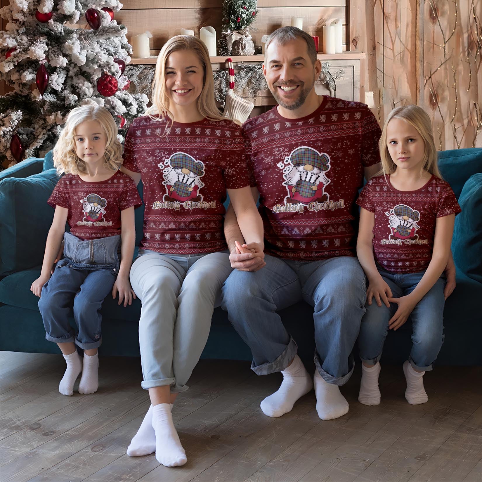 Aikenhead Clan Christmas Family T-Shirt with Funny Gnome Playing Bagpipes Red - Tartanvibesclothing