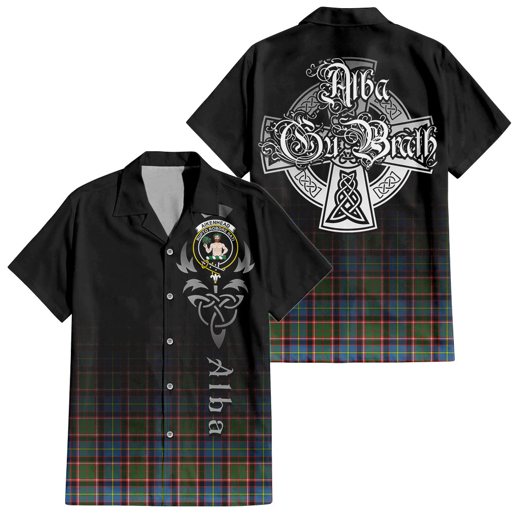 Tartan Vibes Clothing Aikenhead Tartan Short Sleeve Button Up Featuring Alba Gu Brath Family Crest Celtic Inspired