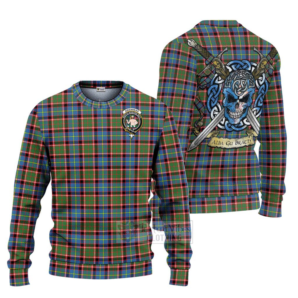 Tartan Vibes Clothing Aikenhead Tartan Knitted Sweater with Family Crest Celtic Skull Style