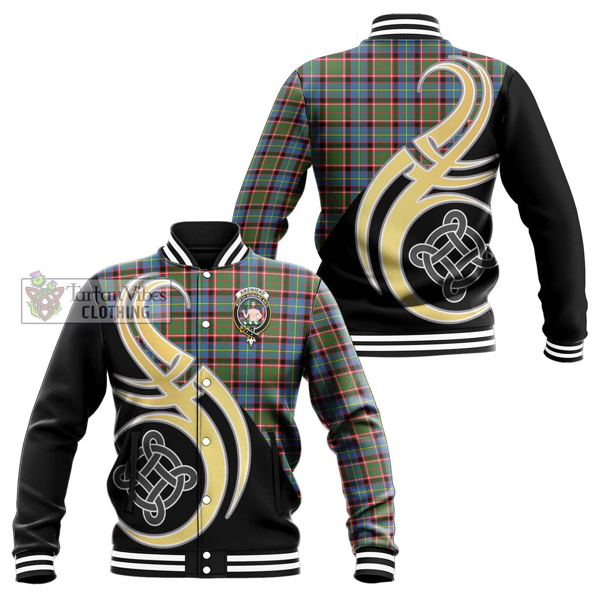 Aikenhead Tartan Baseball Jacket with Family Crest and Celtic Symbol Style Unisex - Tartan Vibes Clothing