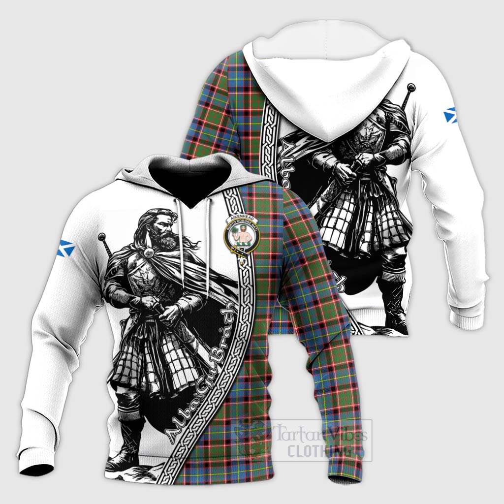 Tartan Vibes Clothing Aikenhead Tartan Clan Crest Knitted Hoodie with Highlander Warrior Celtic Style