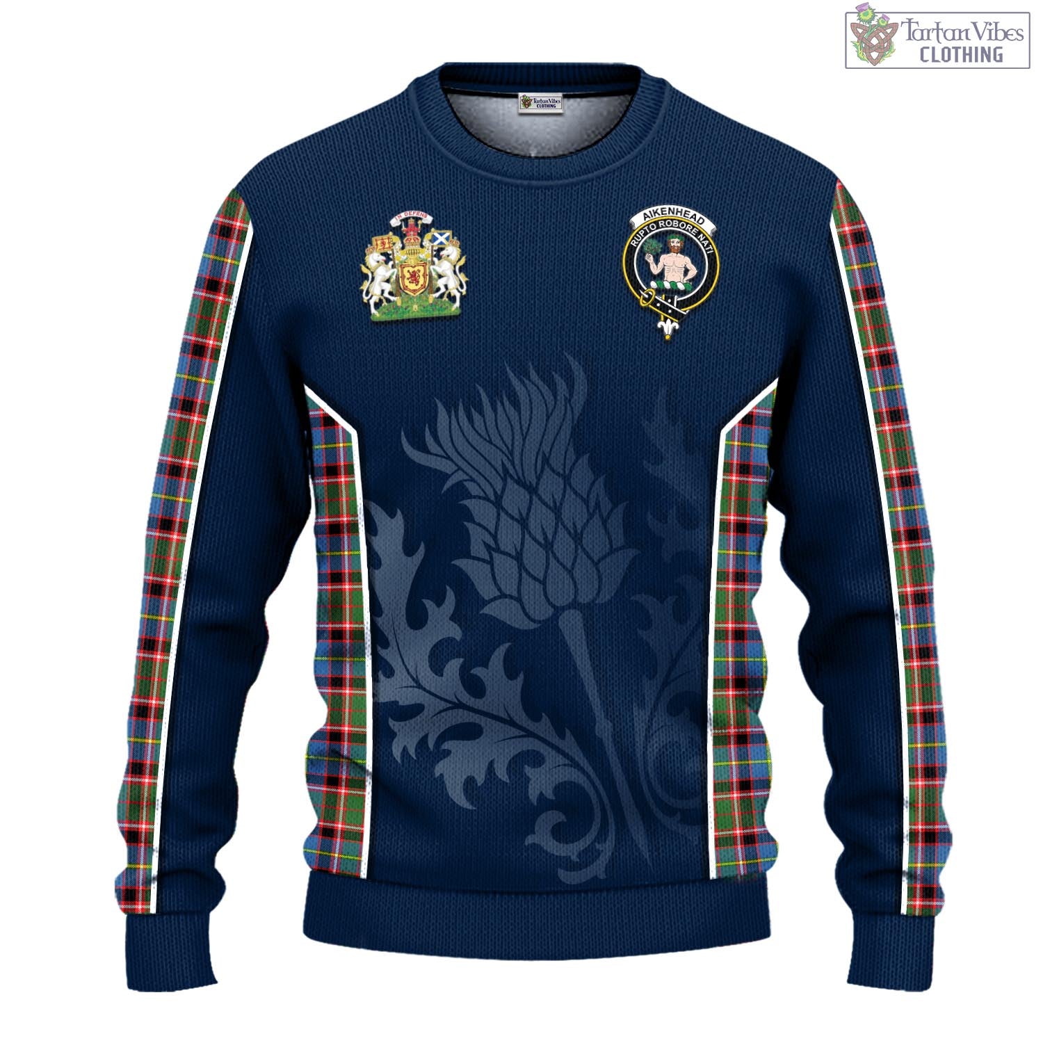 Tartan Vibes Clothing Aikenhead Tartan Knitted Sweatshirt with Family Crest and Scottish Thistle Vibes Sport Style