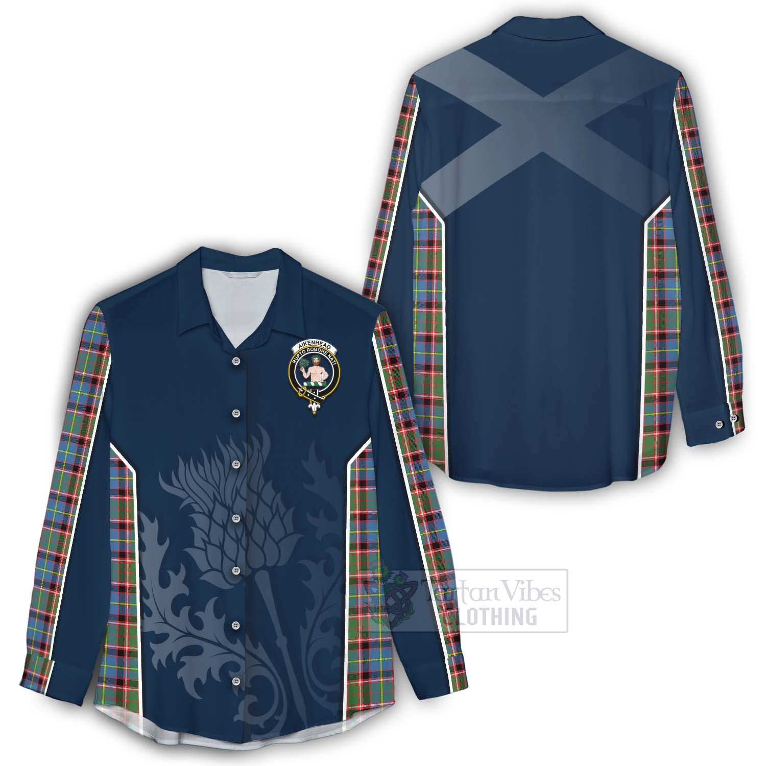 Tartan Vibes Clothing Aikenhead Tartan Women's Casual Shirt with Family Crest and Scottish Thistle Vibes Sport Style