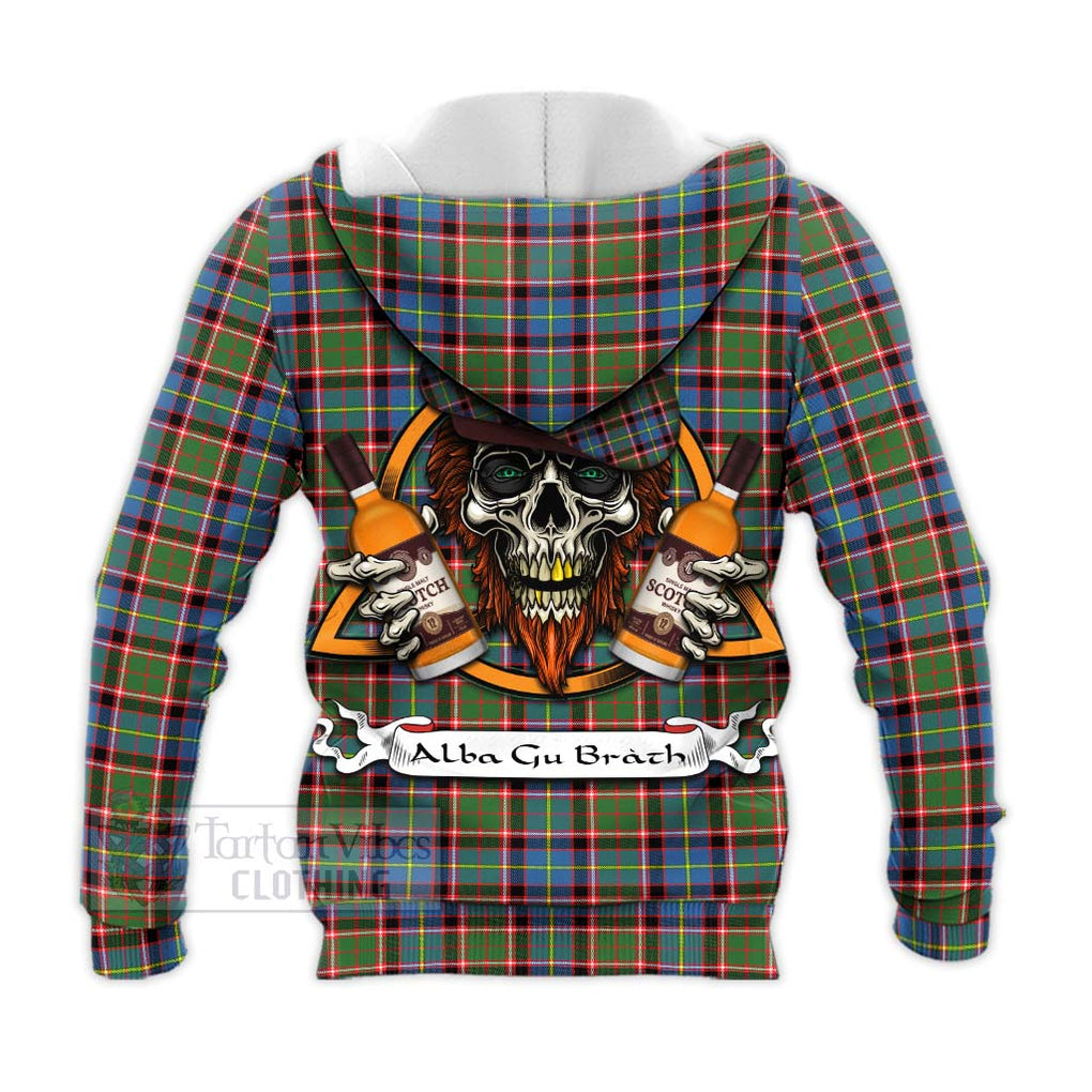 Tartan Vibes Clothing Aikenhead Tartan Knitted Hoodie with Family Crest and Bearded Skull Holding Bottles of Whiskey