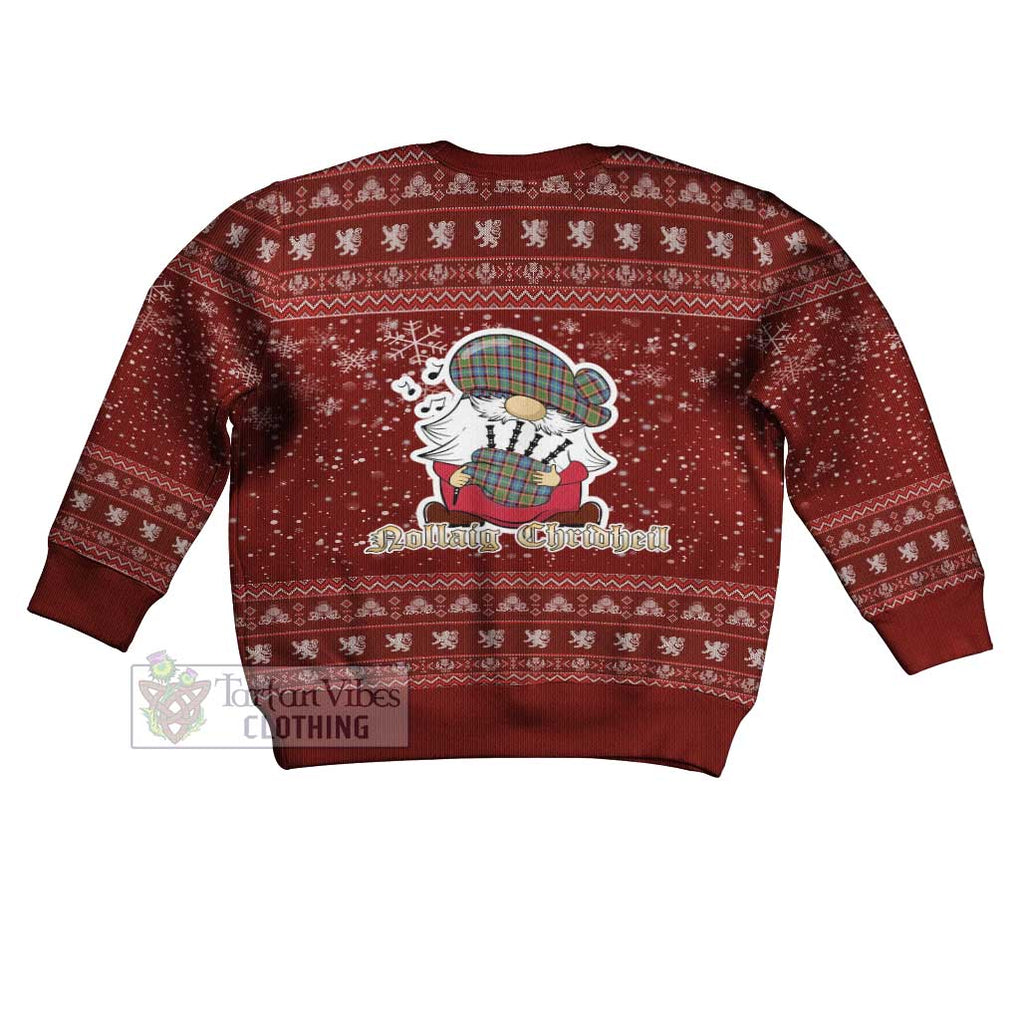 Tartan Vibes Clothing Aikenhead Clan Christmas Kid Ugly Sweater with Gnome Playing Bagpipes